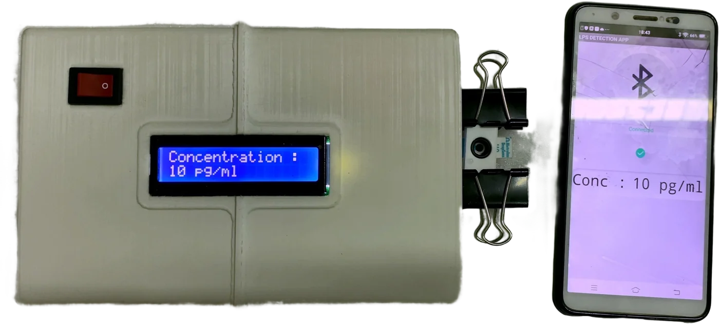 The handheld analyser, its display reading 'Concentration: 10 pg/ml', the disposable sensor chip held in clips beside it, and an Android phone mirroring the same reading over Bluetooth.