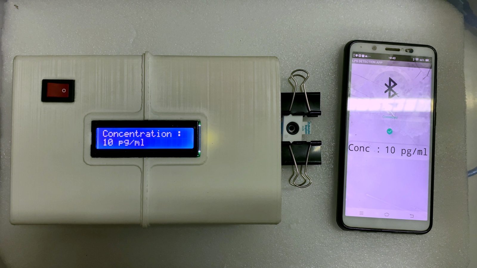 The complete prototype on the bench: analyser, sensor chip in its clips, and the paired phone, all showing the same reading.